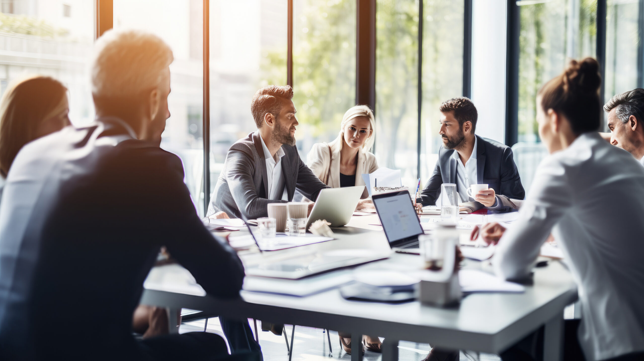 Teamwork, meeting and business people in discussion at the table in modern office for brainstorming and planning. group of corporate employees working on project together in workplace boardroom